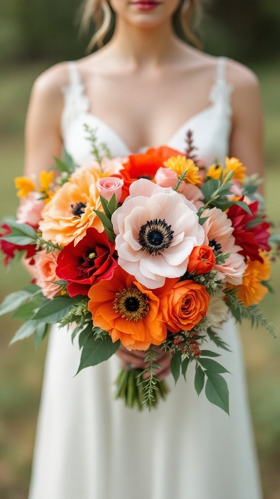 A bride holding a colorful bouquet featuring anemones and poppies in a meadow.