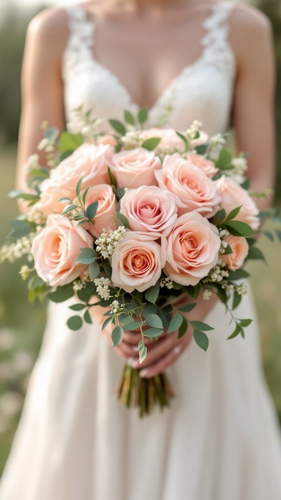 A close-up of a bride holding a blush rose and eucalyptus bouquet in a meadow.