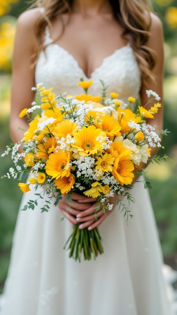 A bride holding a vibrant bouquet of yellow buttercups and white Queen Anne's lace.