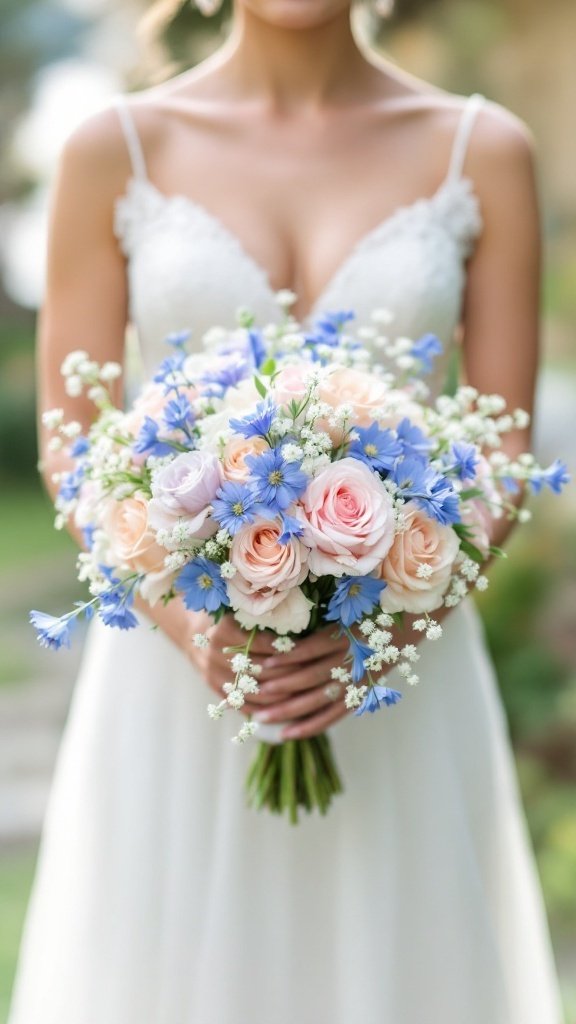 A bride holding a pastel bouquet featuring pink roses, blue cornflowers, and baby’s breath.