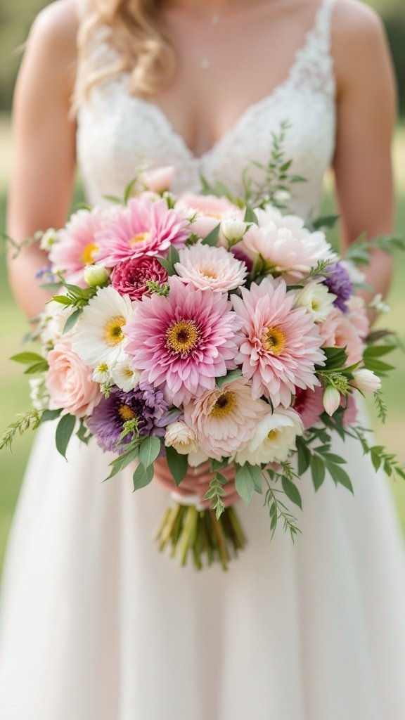 A bride holding a colorful meadow wedding bouquet filled with dahlias and anemones in soft pink and white shades.
