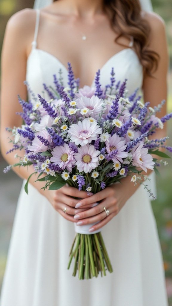 A bride holding a lavender and chamomile bouquet.