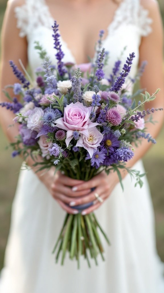 A romantic wild bouquet featuring lavender, thistle, and soft purple flowers, held by a bride in a white dress.