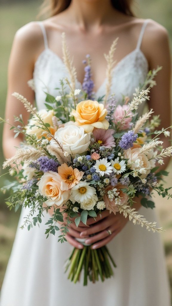 A beautiful meadow wedding bouquet with various flowers and grasses.