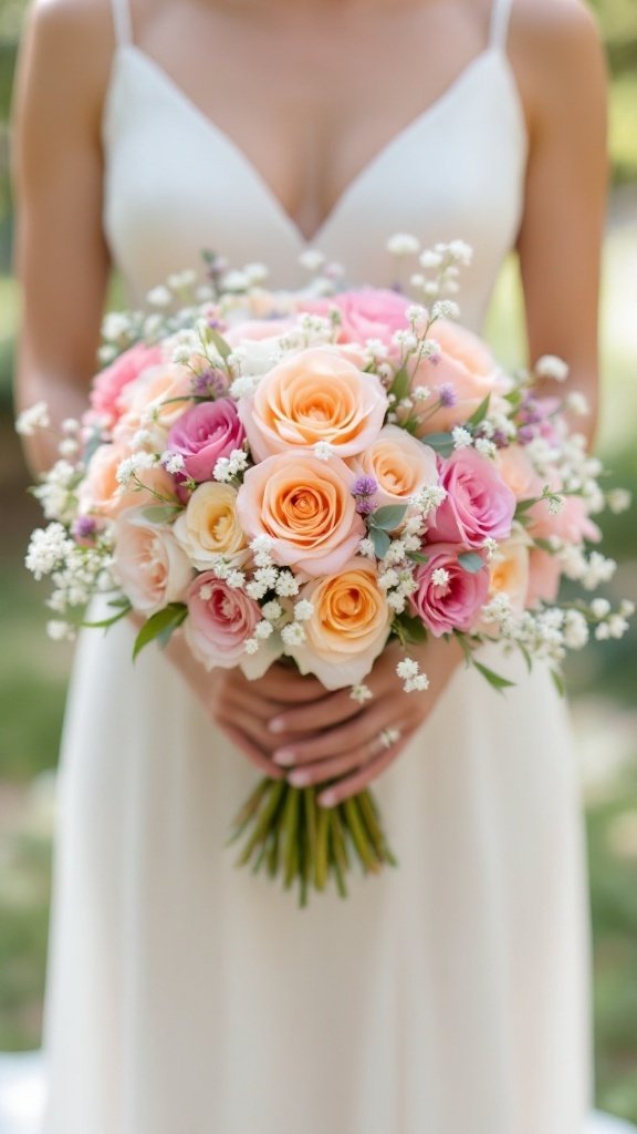 A pastel bouquet featuring roses and baby’s breath held by a bride in a white dress.