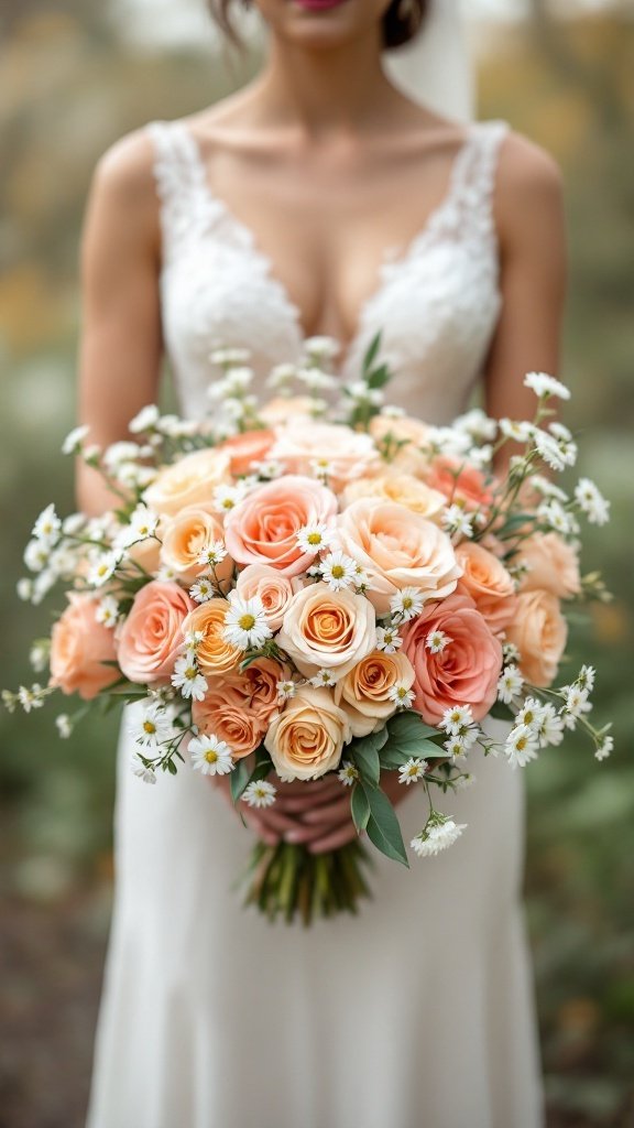 A bride holding a bouquet of peach roses and chamomile flowers in a meadow setting.