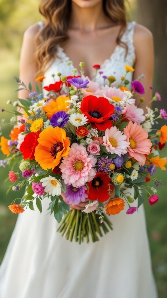 A vibrant bouquet featuring poppies and cosmos flowers, held by a bride in a meadow setting.