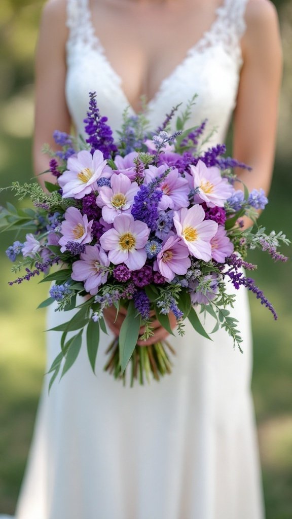 A bride holding a purple scabiosa and greenery bouquet in a meadow