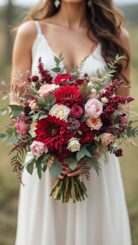 A textured boho wedding bouquet featuring snapdragons, ferns, and roses in warm colors.